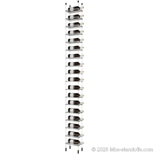 [ACG1904MB-CF01C-K18] Sauvignon - Pouilly-Fumé Collection Bottle Display Cable Cradle Kit, 18-Bottle Capacity, Floating Cable System, 1-Bottle Flat Acrylic Cradle, Cable: 1/16″ Diameter, 13′-1″ Length with Matte Black Anodized Hanger