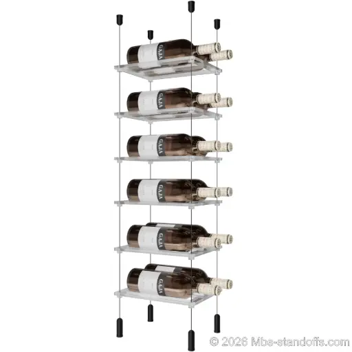 [ACG1904MB-CF02C-K6] Sauvignon - Pouilly-Fumé Collection Bottle Display Cable Cradle Kit, 12-Bottle (2x6) Capacity, Floating Cable System, 2-Bottle Flat Acrylic Cradle, Cable: 1/16″ Diameter, 13′-1″ Length with Matte Black Anodized Hanger
