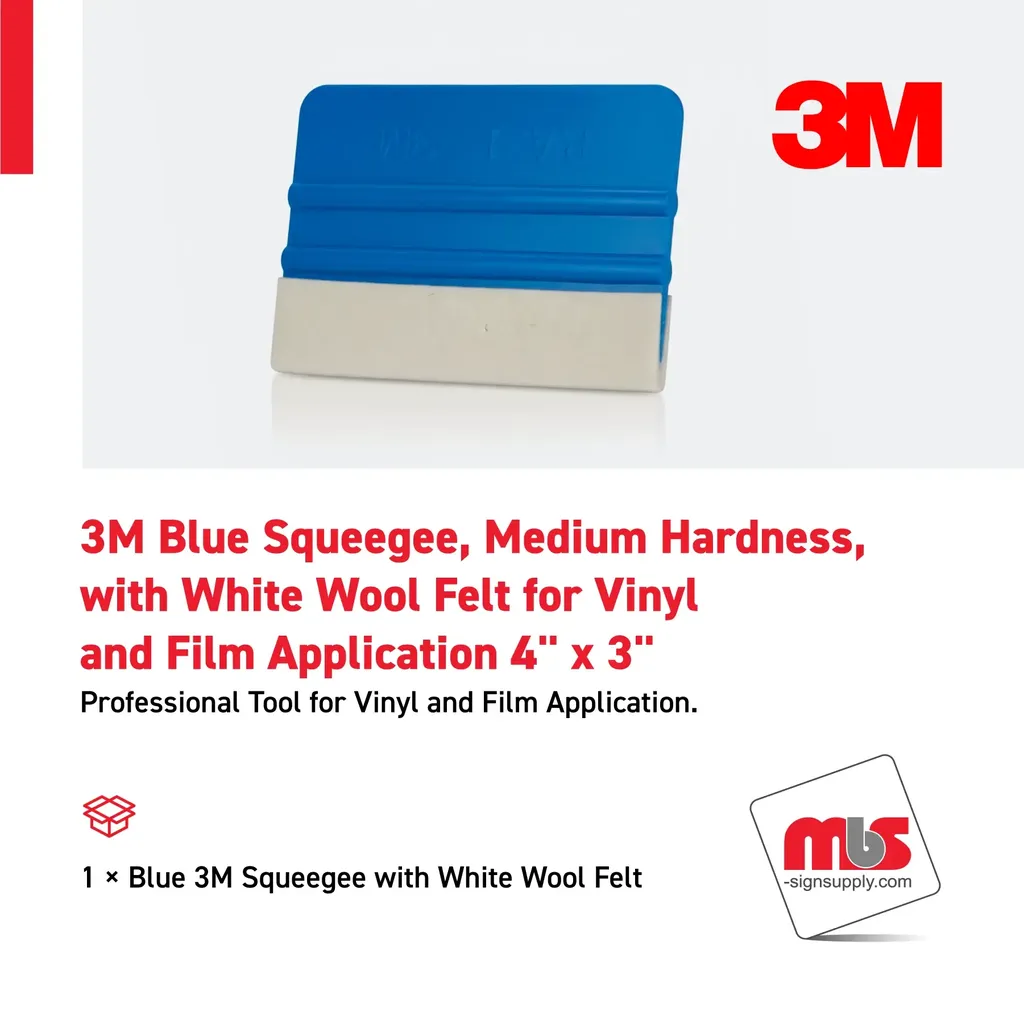 3M 4'' x 3'' Blue Squeegee, Medium Hardness, with White Wool Felt for Vinyl and Film Application