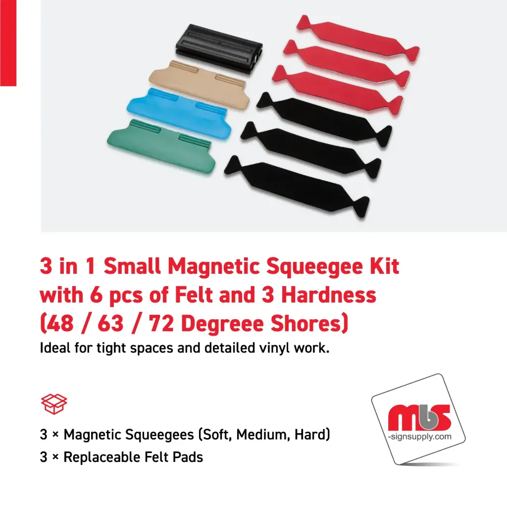 4" x 1-1/3", 3 in 1 Small Magnetic Squeegee Kit with 6 pcs of Felt and 3 Hardness (48 / 63 / 72 Degree Shores)