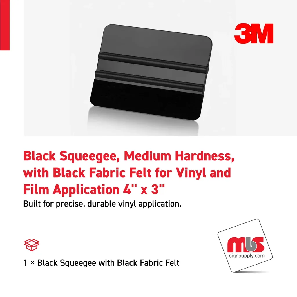 4'' x 3'' Black Squeegee, Medium Hardness, with Black Fabric Felt for Vinyl and Film Application