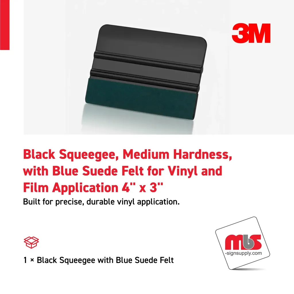 3M 4" x 3" Black Squeege, Medium Hardness, with Blue Suede Felt for Vinyl and Film Application