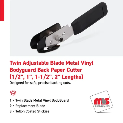 [CT-0209] Twin Adjustable Blade Metal Vinyl Bodyguard Back Paper Cutter (1/2'', 1'', 1-1/2'', 2'' Lengths) w/ (9) Replacement Blade and (3) Teflon Coated Stickies