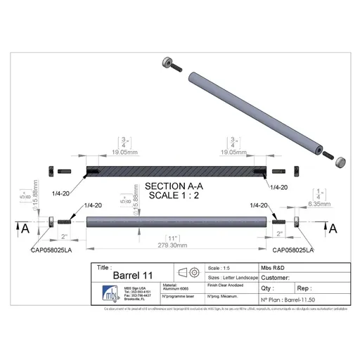 [BARREL-11] 11 Long Barrel, 5/8'' Diameter, 1/4-20 Threaded 3/4'' deep on each end 