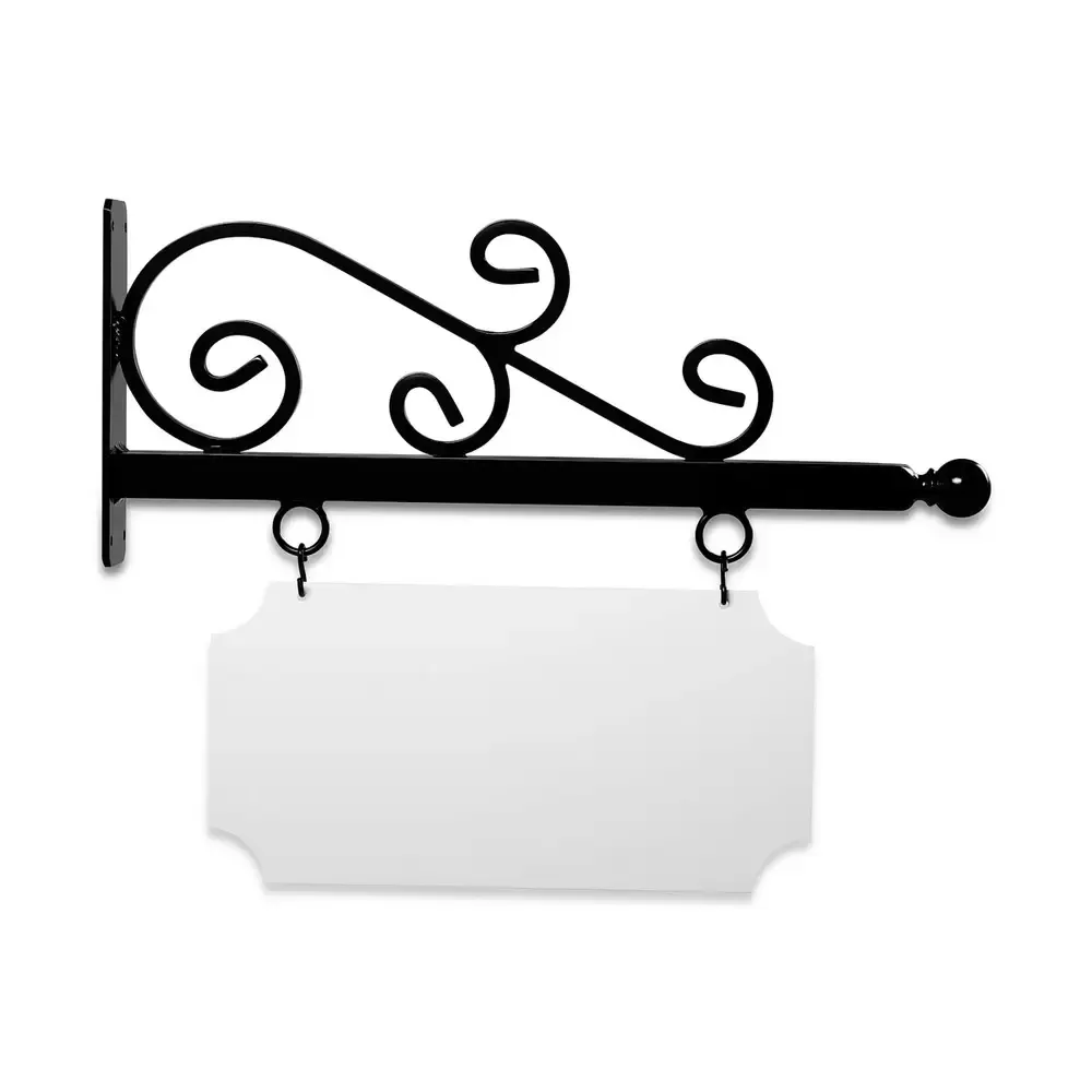 24'' Wide Wispy Style Bracket in  Black Powder Coated Aluminum with 10'' Tall X 20'' Wide X .063'' Thick White Aluminum Sign Blank and 2 Black Powder Coated S-Hooks