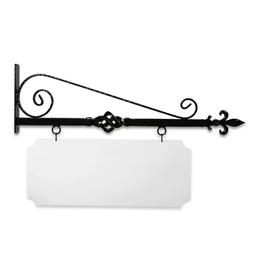 [SBBB36-ABS-KIT34-14-SH] 36" Wide Bourbon Street Style Bracket in  Black Powder Coated Aluminum with 14" Tall X 34" Wide X .080" Thick White Aluminum Sign Blank and 2 Black Powder Coated S-Hooks