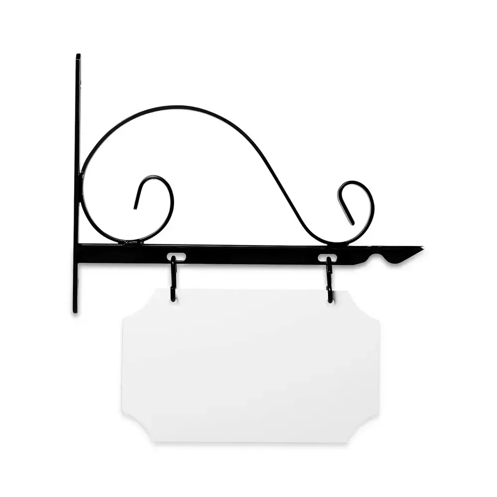 12" Wide Value Scroll Bracket in  Black Powder Coated Steel with 6" Tall X 10" Wide X .063" Thick White Aluminum Sign Blank and 2 Black Powder Coated S-Hooks
