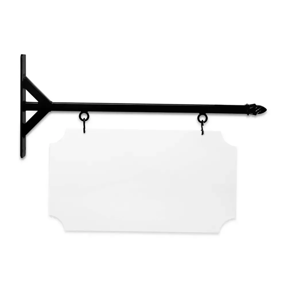 24" Wide Straight Shaft Bracket in  Black Powder Coated Steel with 12" Tall X 22" Wide X .063" Thick White Aluminum Sign Blank and 2 Black Powder Coated S-Hooks