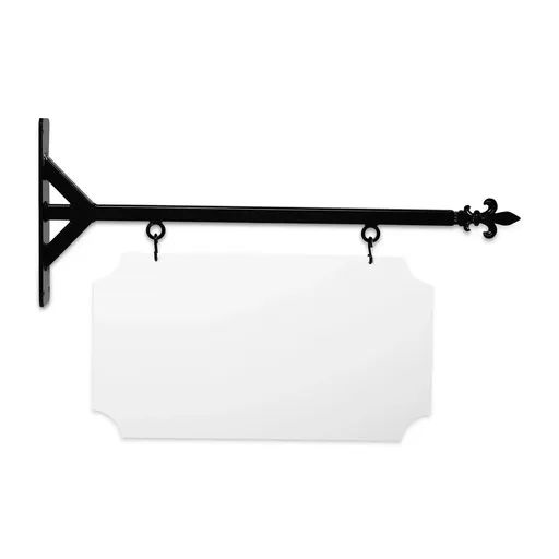 [SBSS-24SBF-KIT22-12-SH] 24" Wide Straight Shaft Bracket in  Black Powder Coated Steel with 12" Tall X 22" Wide X .063" Thick White Aluminum Sign Blank and 2 Black Powder Coated S-Hooks (Fleur De Lis Finial)