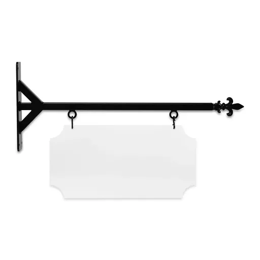 [SBSS-24SGF-KIT20-10-SH] 24" Wide Straight Shaft Bracket in  Black Powder Coated Steel with 10" Tall X 20" Wide X .063" Thick White Aluminum Sign Blank and 2 Black Powder Coated S-Hooks (Fleur De Lis Finial)