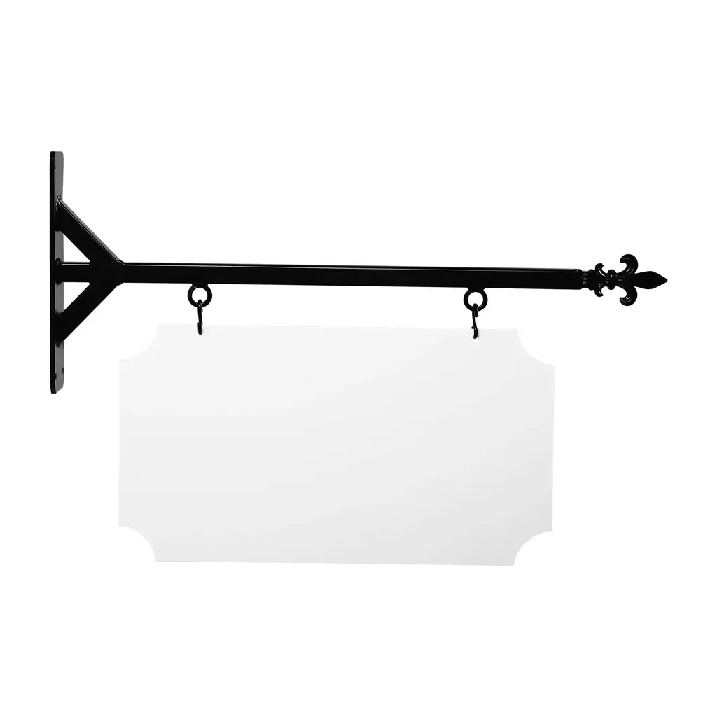 24'' Wide Straight Shaft Bracket in  Black Powder Coated Steel with 12'' Tall X 22'' Wide X .063'' Thick White Aluminum Sign Blank and 2 Black Powder Coated S-Hooks (BOM Fleur de lis)