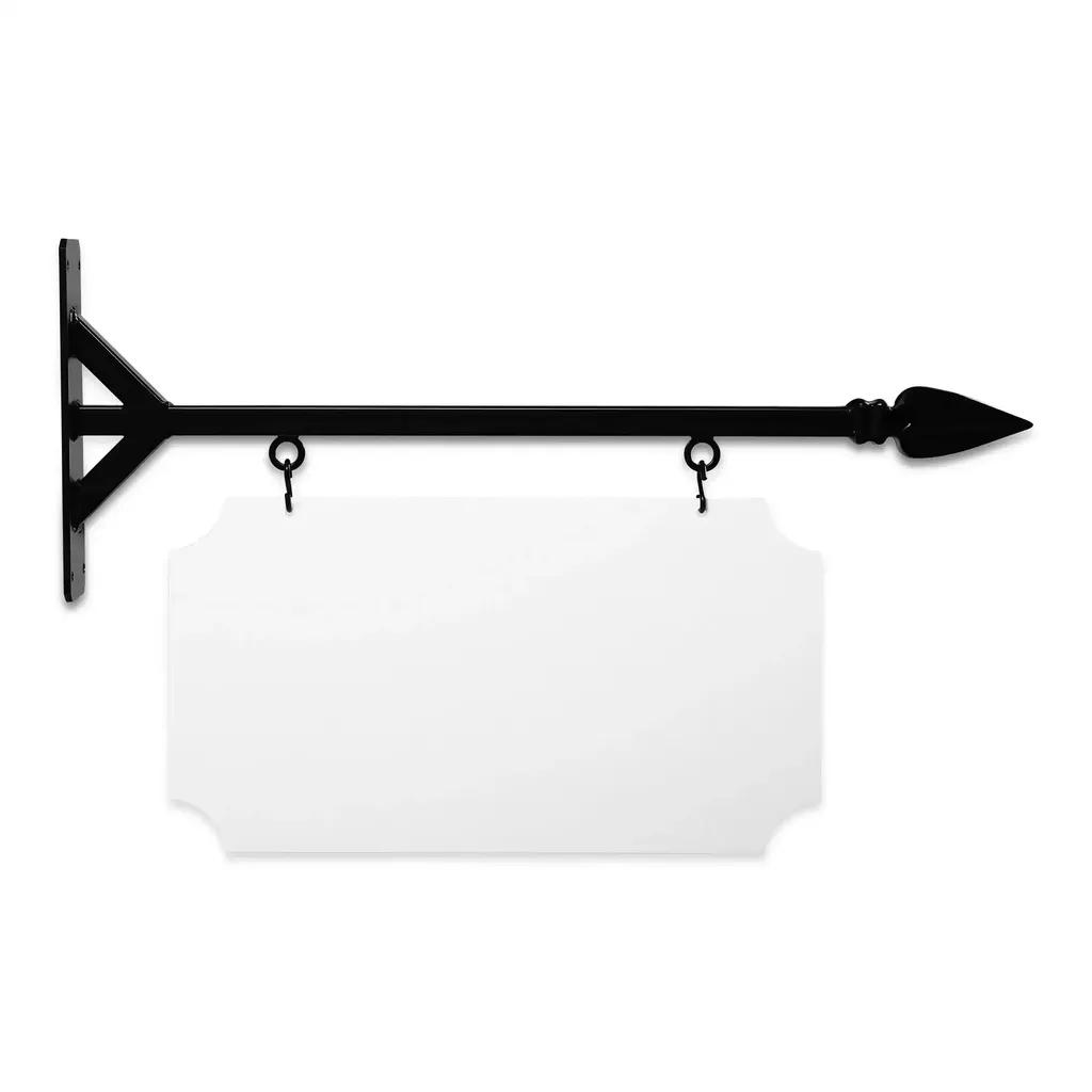 24'' Wide Straight Shaft Bracket in  Black Powder Coated Steel with 12'' Tall X 22'' Wide X .063'' Thick White Aluminum Sign Blank and 2 Black Powder Coated S-Hooks (Spear Finial)
