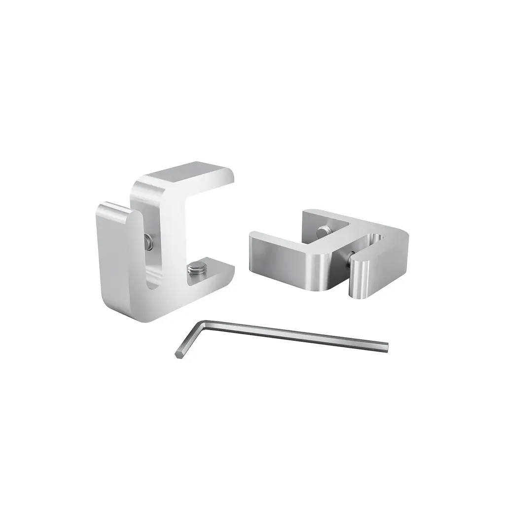 ''Set of 2,  Clamp, Aluminum Clear Anodized Finish, to Accommodate 1'' to 1-1/8'' Counters. Hold up to 1/4'' material thickness M6 Set screw need 3mm Allen Wrench''