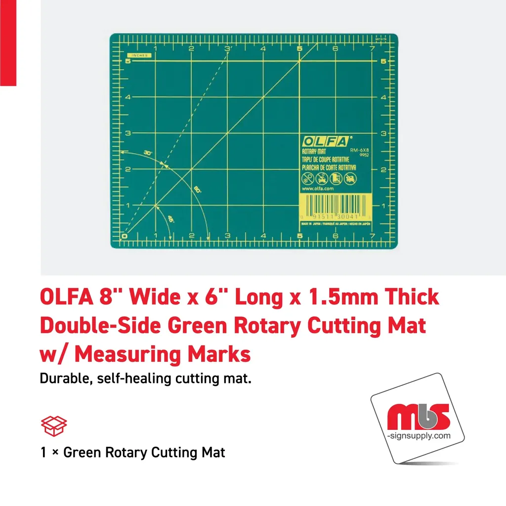 Olfa 8'' Wide x 6'' Long x 1.5mm Thick Double-Side Green Rotary Cutting Mat w/ Measuring Marks