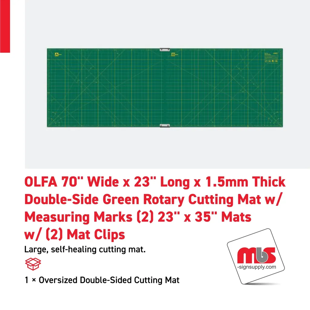 Olfa 70'' Wide x 23'' Long x 1.5mm Thick Double-Side Green Rotary Cutting Mat w/ Measuring Marks (2) 23'' x 35'' Mats w/ (2) Mat Clips
