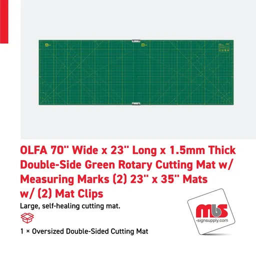 [CT-0905] Olfa 70'' Wide x 23'' Long x 1.5mm Thick Double-Side Green Rotary Cutting Mat w/ Measuring Marks (2) 23'' x 35'' Mats w/ (2) Mat Clips