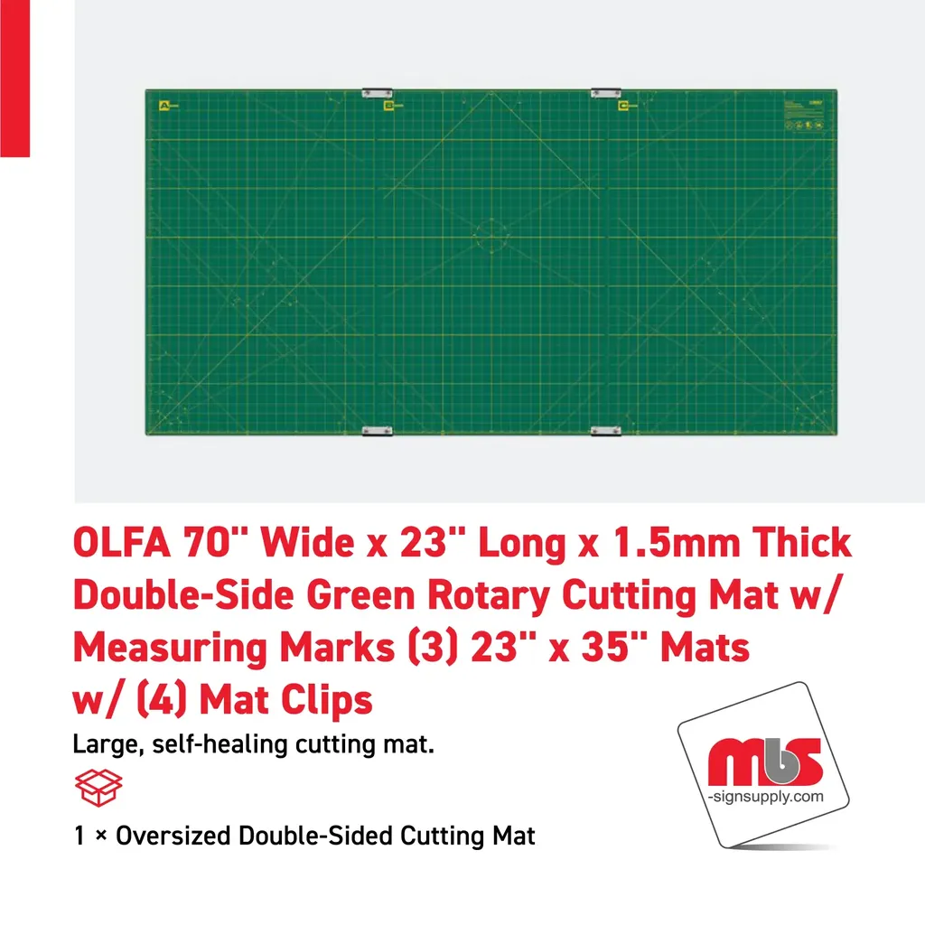 Olfa 70'' Wide x 35'' Long x 1.5mm Thick Double-Side Green Rotary Cutting Mat w/ Measuring Marks (3) 23'' x 35'' Mats w/ (4) Mat Clips