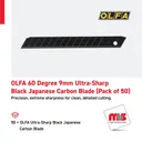 Olfa 60 Degree 9mm Ultra-Shap Black Japanese Carbon Blade (Pack of 50)