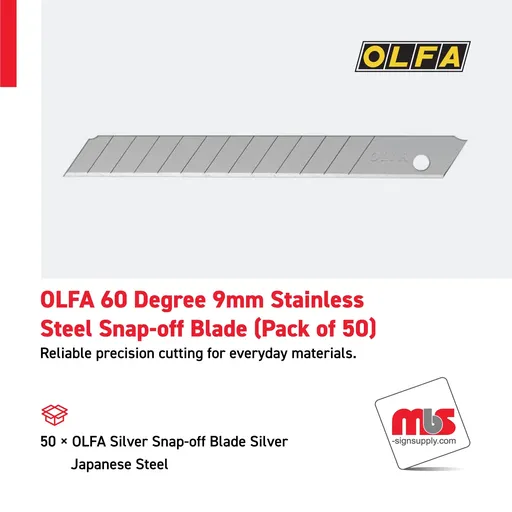 [CT-0510] Olfa 60 Degree 9mm Silver Snap-off Blade Silver Japanese Steel (Pack of 50)
