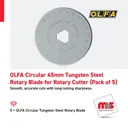 Olfa Circular 45mm Tungsten Steel Rotary Blade for Rotary Cutter (Pack of 5)