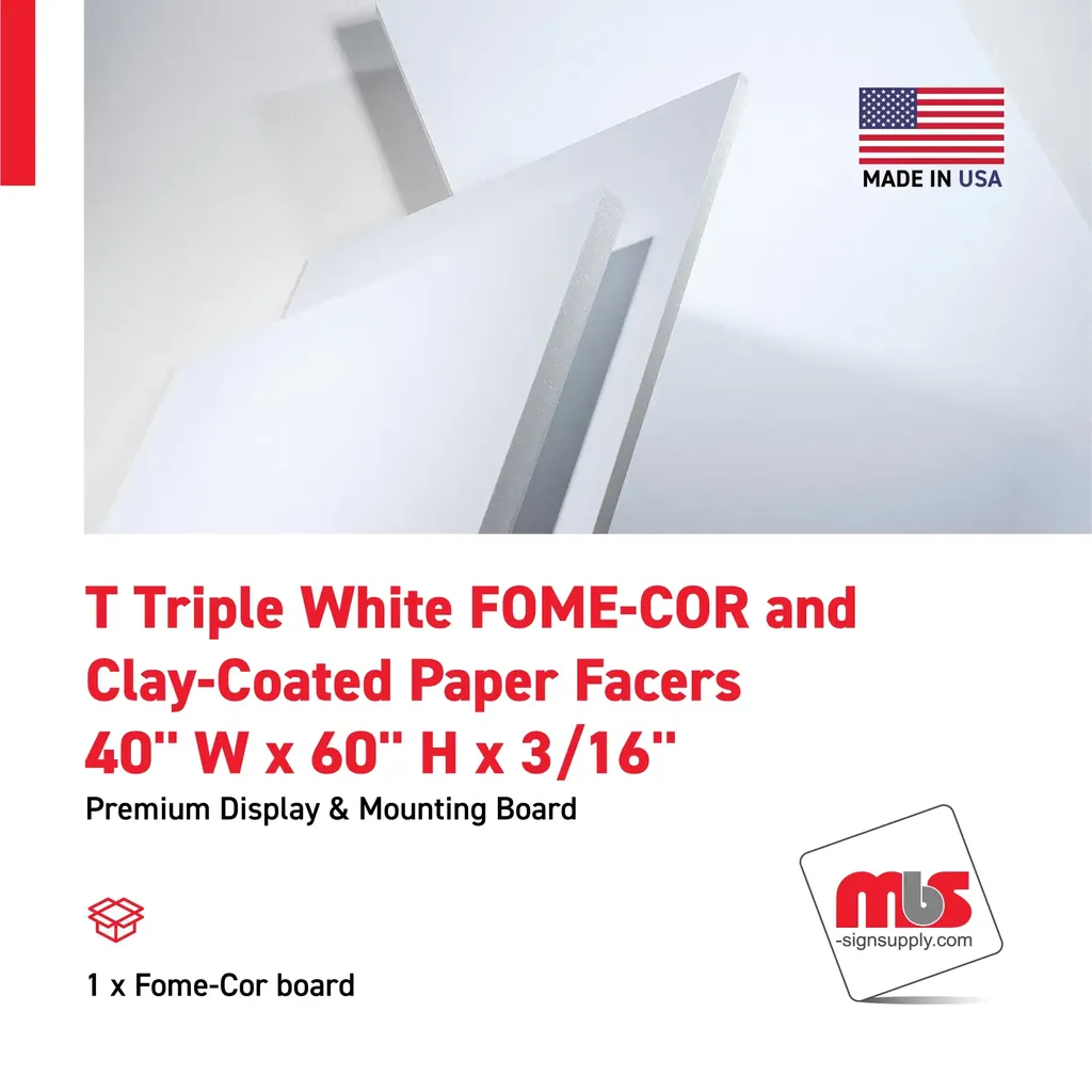 40'' W x 60'' H x 3/16'' T Triple White FOME-COR and Clay-Coated Paper Facers