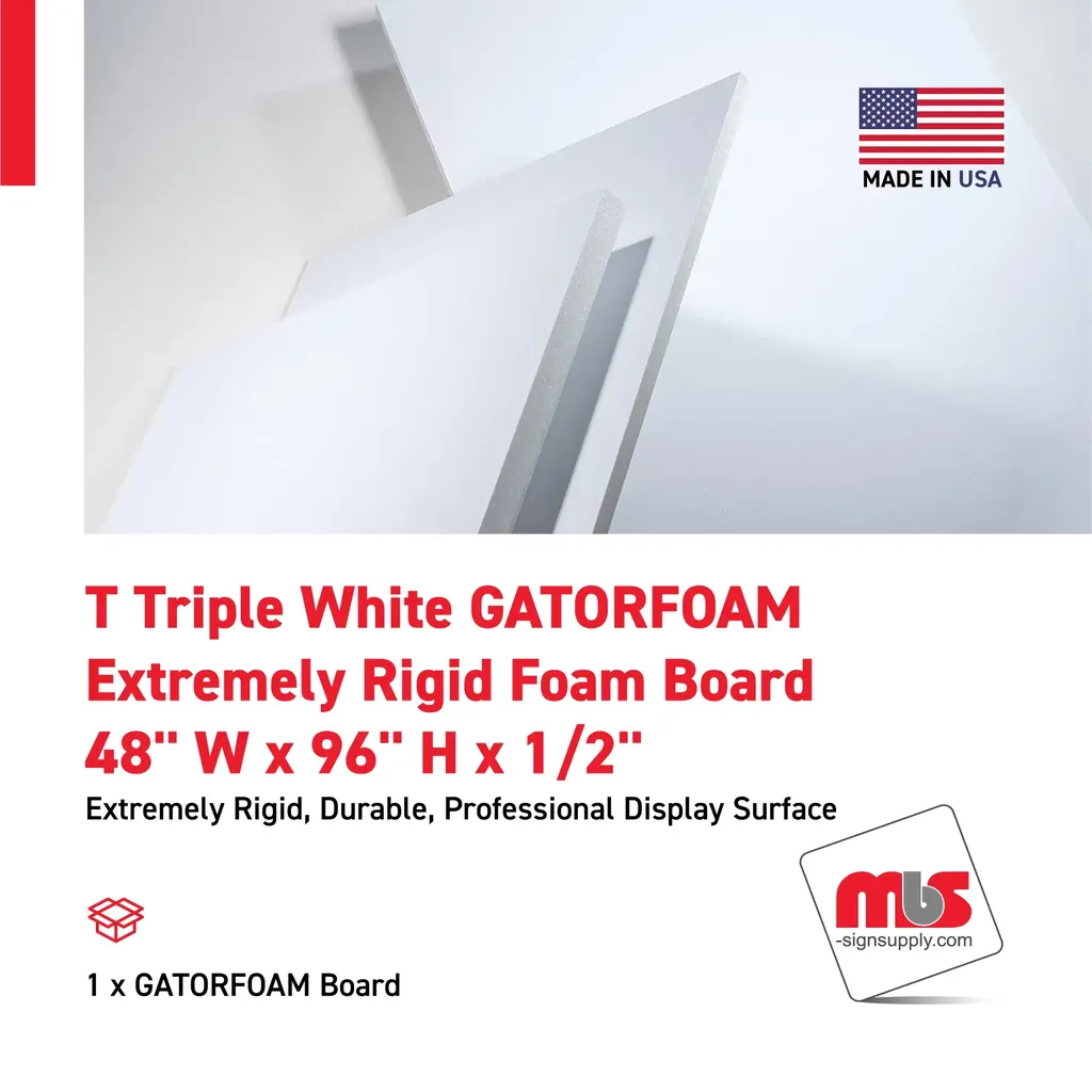 48'' W x 96'' H x 1/2'' T Triple White GATORFOAM Extremely Rigid Foam Board