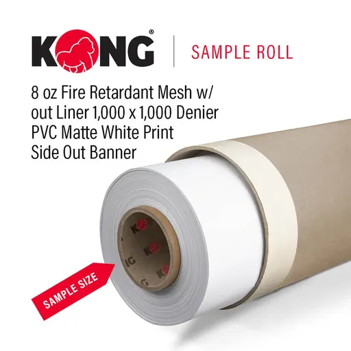 [BN8PSO-38M-SAMPLE] 38'' x 20' Kong Banner - 8 OZ Fire Retardant Mesh w/out Liner 1,000 x 1,000 Denier PVC Matte White Print Side Out Printable Banner (Sample Roll)